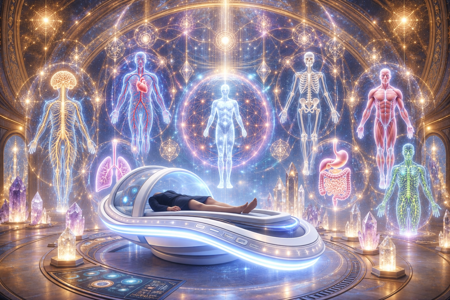 Shimana Quantum Code® Healing Chamber with a healing bed and anatomical holograms